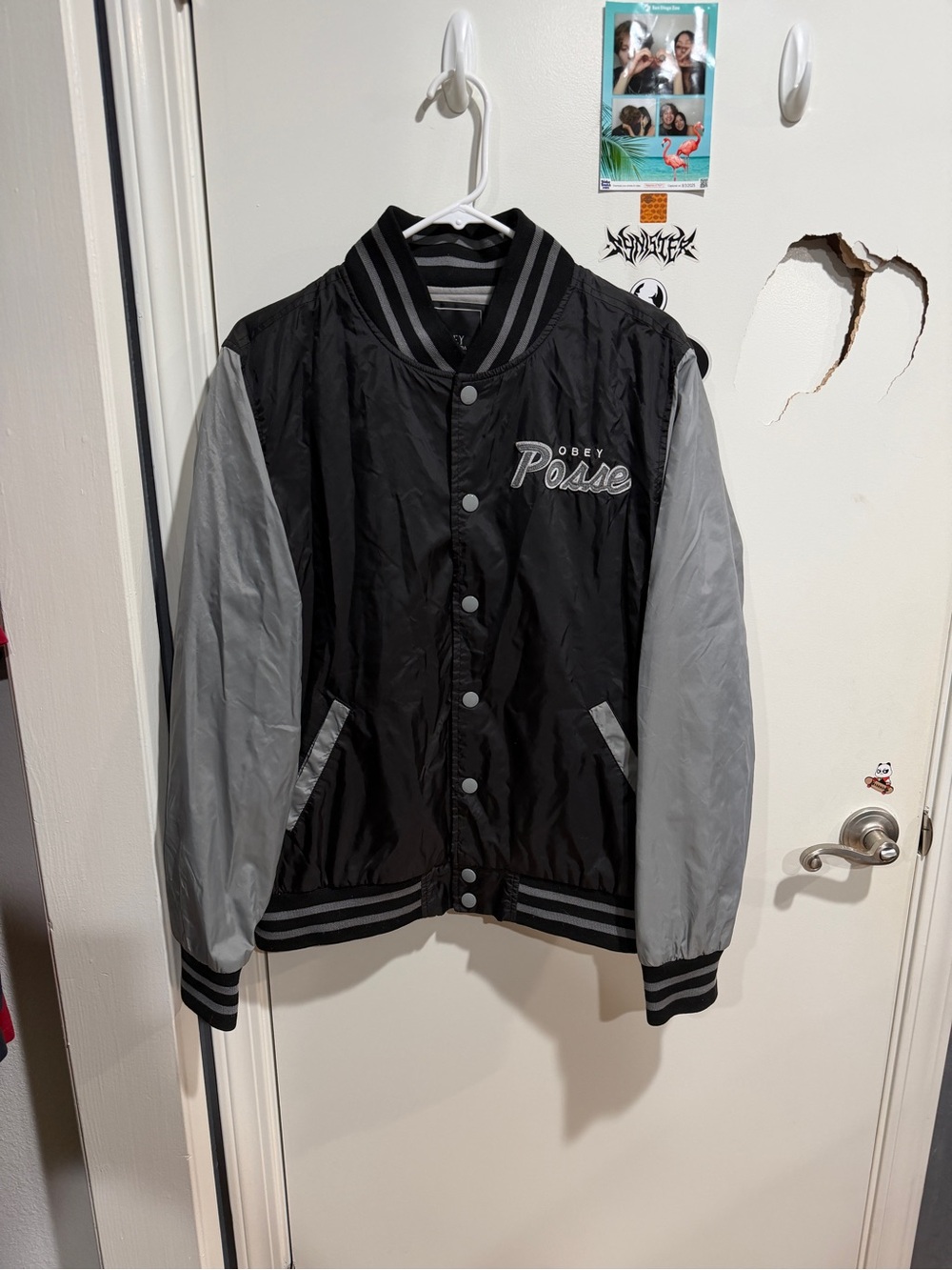 Rare Obey Propaganda Varsity Jacket Obey Posse Embroidered Black Grey M
